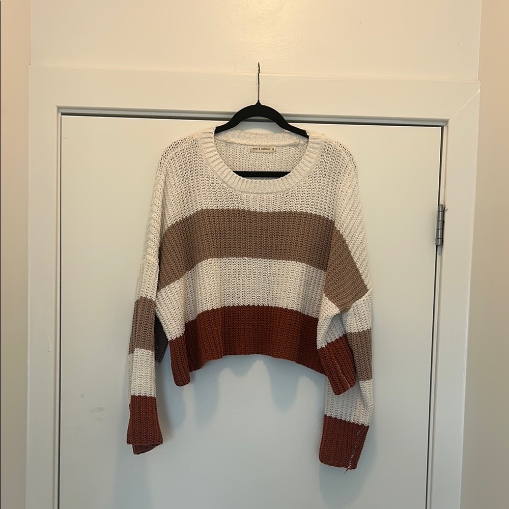 Cream and Tan Crew Neck Striped Sweater